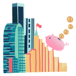 Building piggy bank illustration